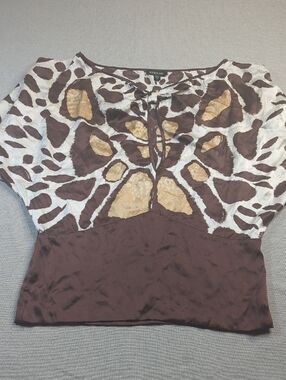 bebe 100% Silk Animal Print Blouse Brown Cream Tie Front Dolman Sleeve Size S